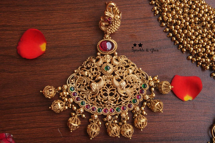 Gold alike polished cluster pearl beads statement peacock haram - Pearl Multi - Sparkle and Glow