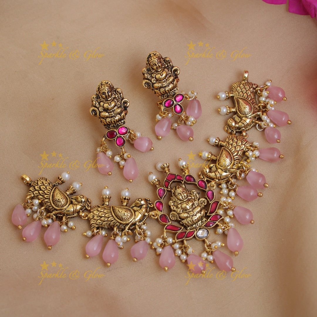 Beautiful Lakshmi peacock jadau short necklace with pearls and pink beads