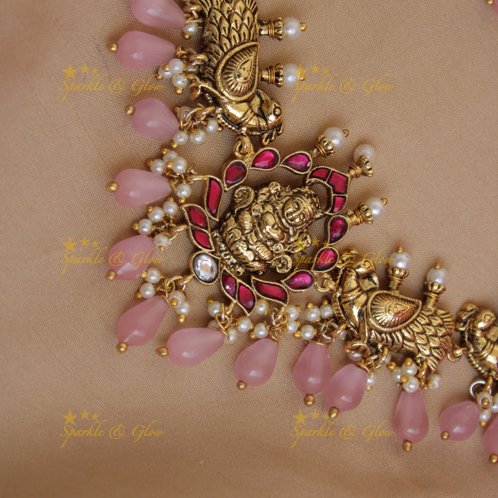 Beautiful Lakshmi peacock jadau short necklace with pearls and pink beads