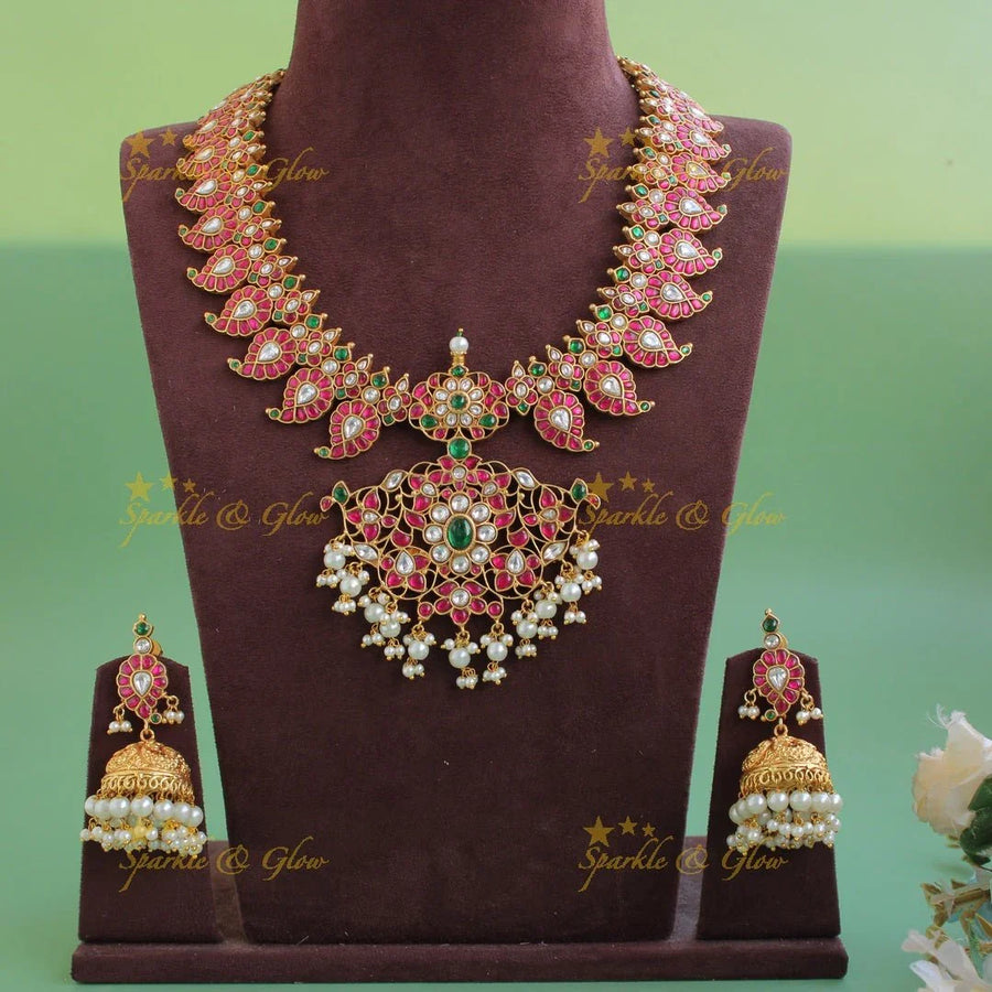 Grand Mango floral design jadau short necklace with pearl drops - pink - Sparkle and Glow