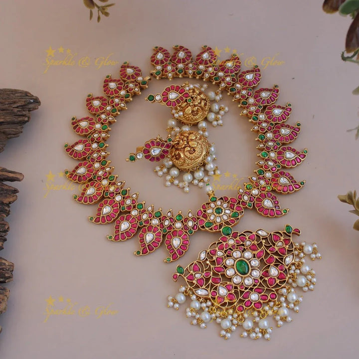 Grand Mango floral design jadau short necklace with pearl drops - pink - Sparkle and Glow