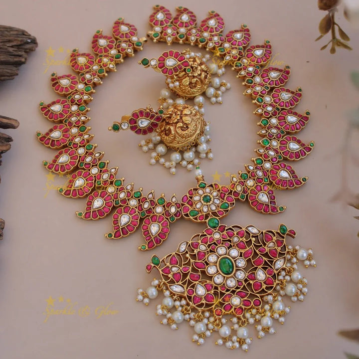 Grand Mango floral design jadau short necklace with pearl drops - pink - Sparkle and Glow