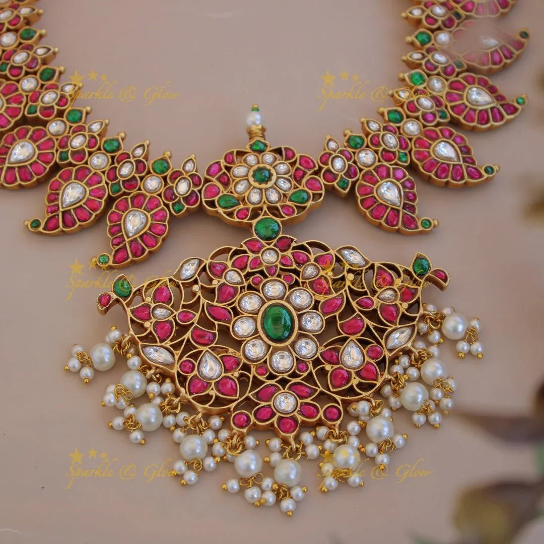 Grand Mango floral design jadau short necklace with pearl drops - pink - Sparkle and Glow