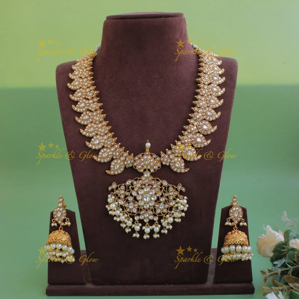 Grand Mango floral design jadau short necklace with pearl drops - pink - Sparkle and Glow