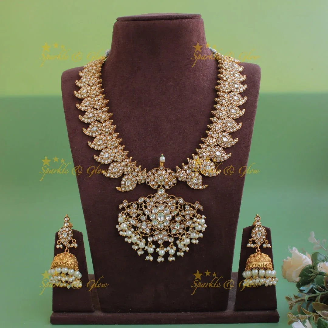 Grand Mango floral design jadau short necklace with pearl drops - pink - Sparkle and Glow