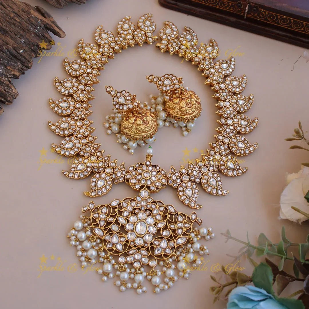 Grand Mango floral design jadau short necklace with pearl drops - pink - Sparkle and Glow