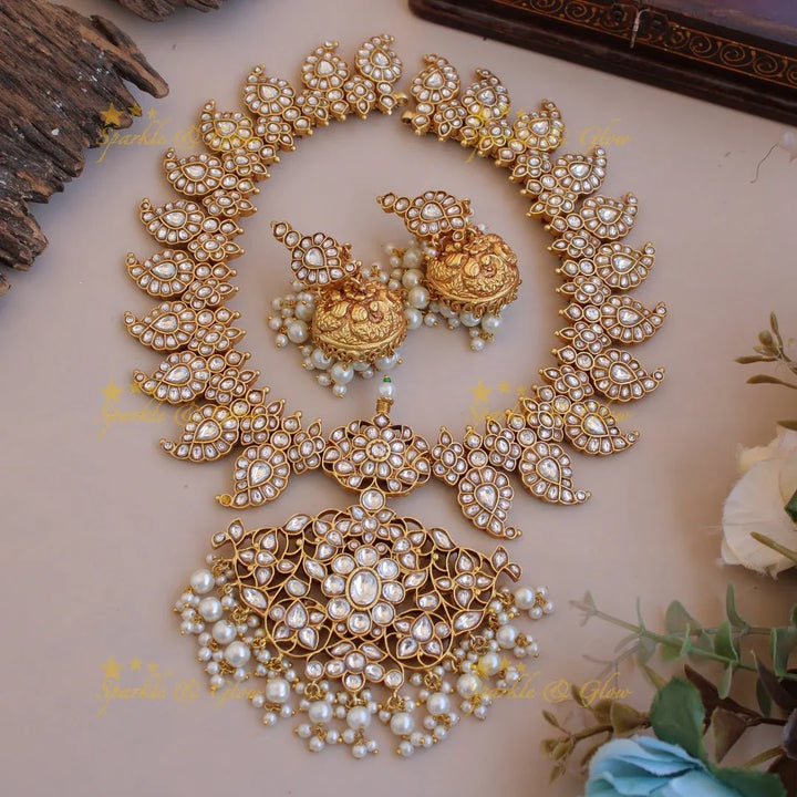 Grand Mango floral design jadau short necklace with pearl drops - pink - Sparkle and Glow