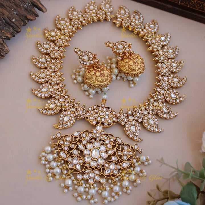 Grand Mango floral design jadau short necklace with pearl drops - pink - Sparkle and Glow