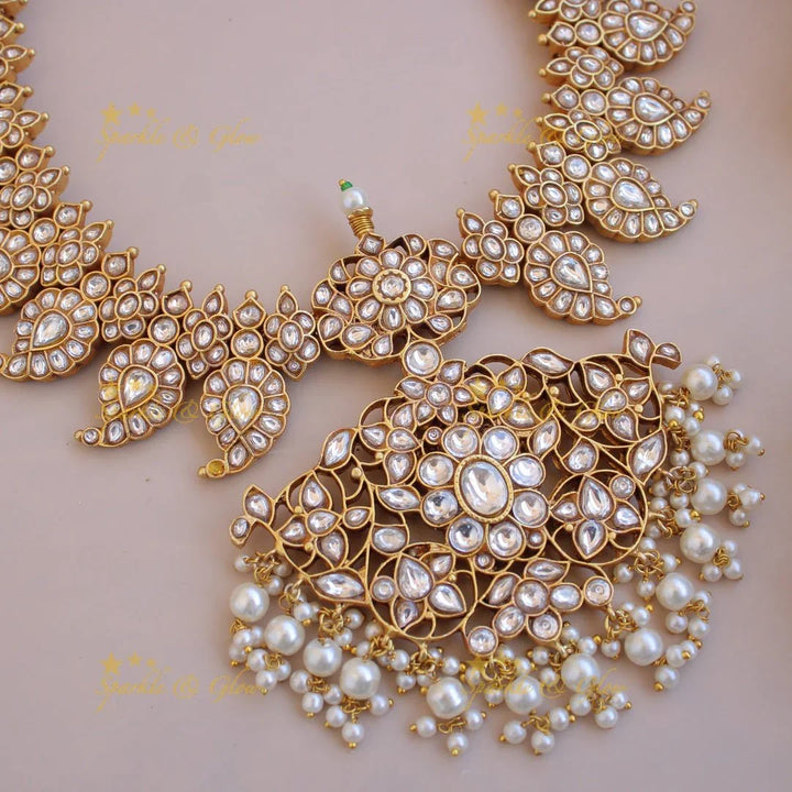 Grand Mango floral design jadau short necklace with pearl drops - pink - Sparkle and Glow