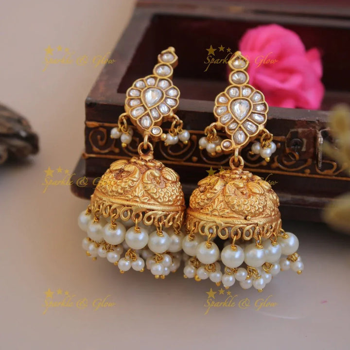 Grand Mango floral design jadau short necklace with pearl drops - pink - Sparkle and Glow