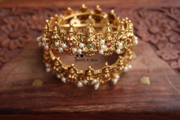 Gold alike antique polished lakshmi bangles with pearl beads a pair