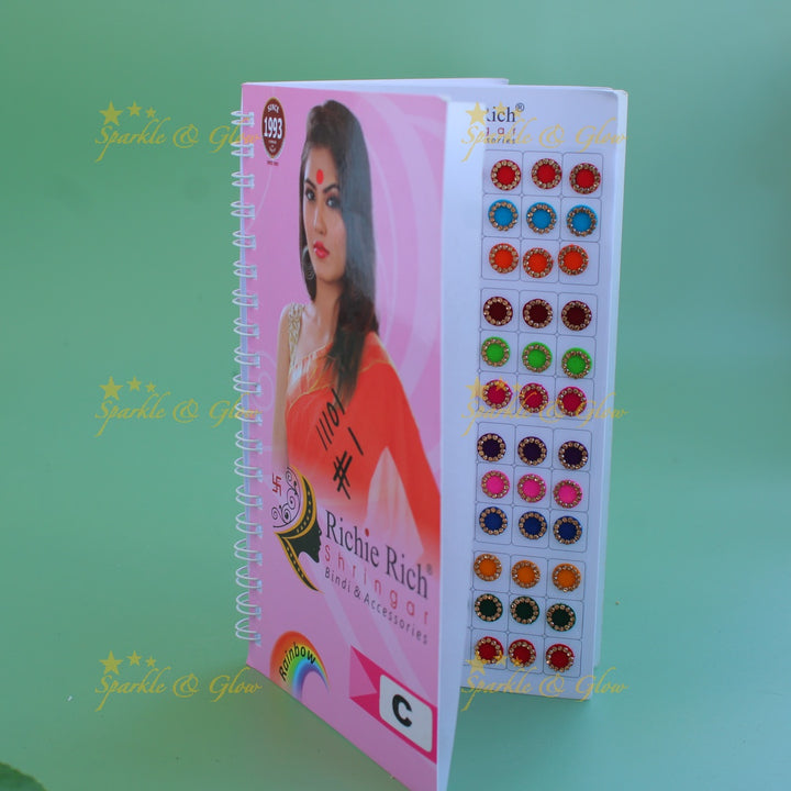 Richie Rich round stone and print bindi with different size in spiral book in assorted colours