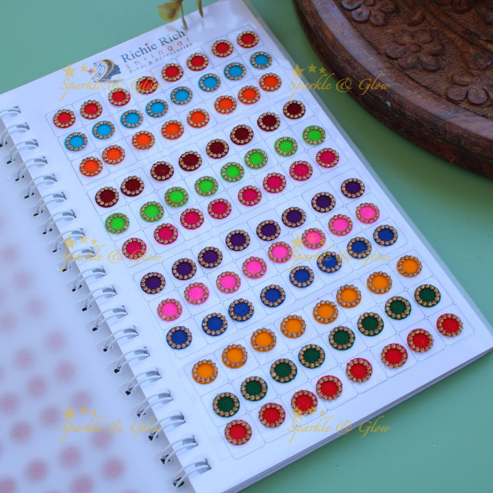 Richie Rich round stone and print bindi with different size in spiral book in assorted colours