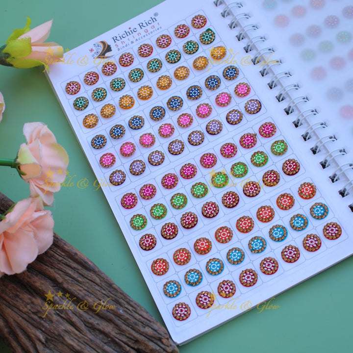 Richie Rich round stone and print bindi with different size in spiral book in assorted colours
