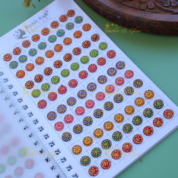 Richie Rich round stone and print bindi with different size in spiral book in assorted colours