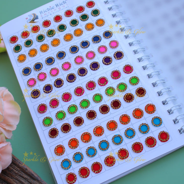 Richie Rich round stone and print bindi with different size in spiral book in assorted colours
