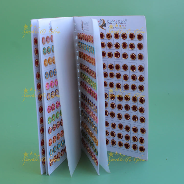 Richie Rich round stone and print bindi with different size in spiral book in assorted colours