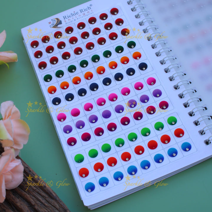 Richie Rich round single stone dual shade bindi with different size in spiral book in assorted colours
