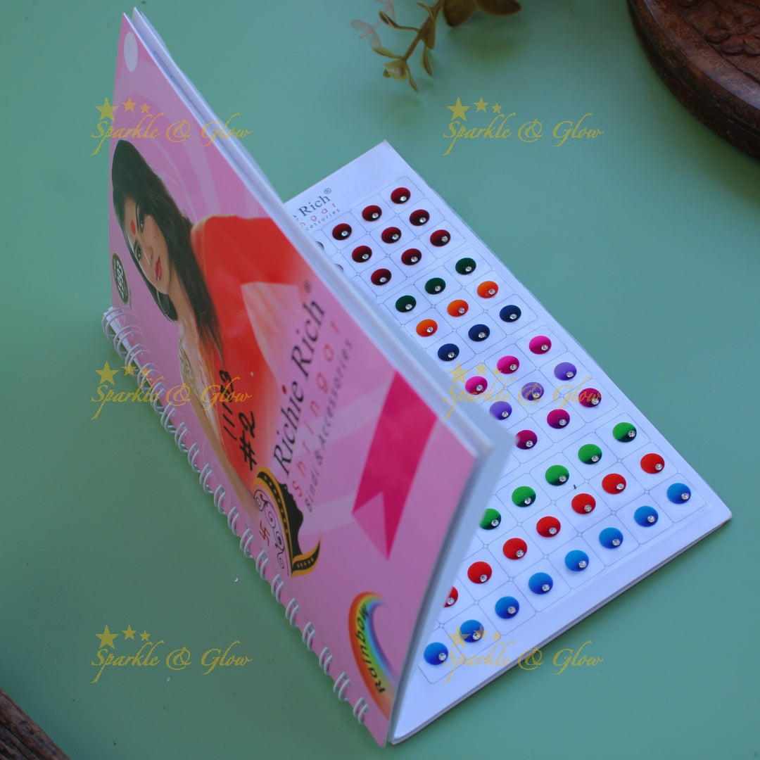 Richie Rich round single stone dual shade bindi with different size in spiral book in assorted colours