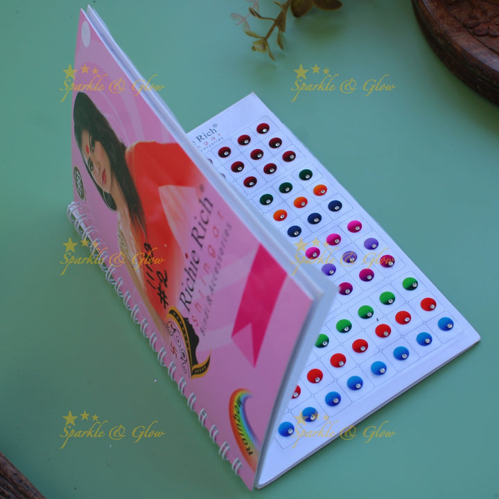 Richie Rich round single stone dual shade bindi with different size in spiral book in assorted colours