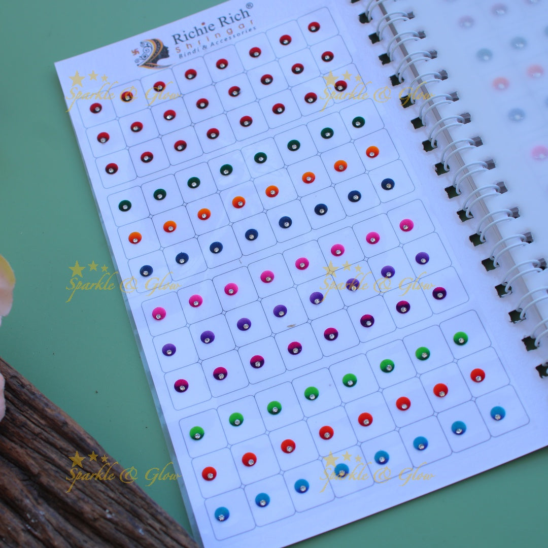 Richie Rich round single stone dual shade bindi with different size in spiral book in assorted colours