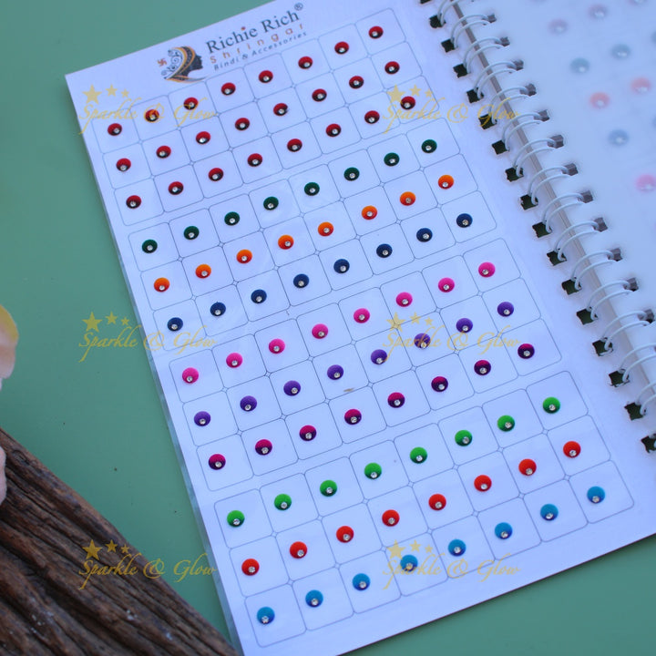 Richie Rich round single stone dual shade bindi with different size in spiral book in assorted colours