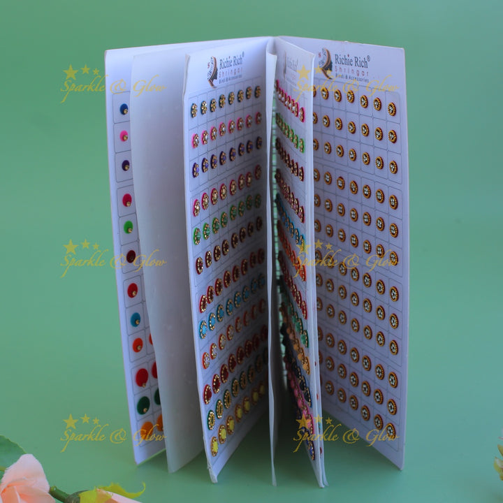 Richie Rich round stone gold bead and 3D design bindi with different size in spiral book in assorted colours