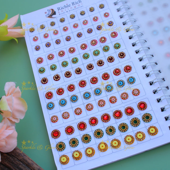 Richie Rich round stone gold bead and 3D design bindi with different size in spiral book in assorted colours