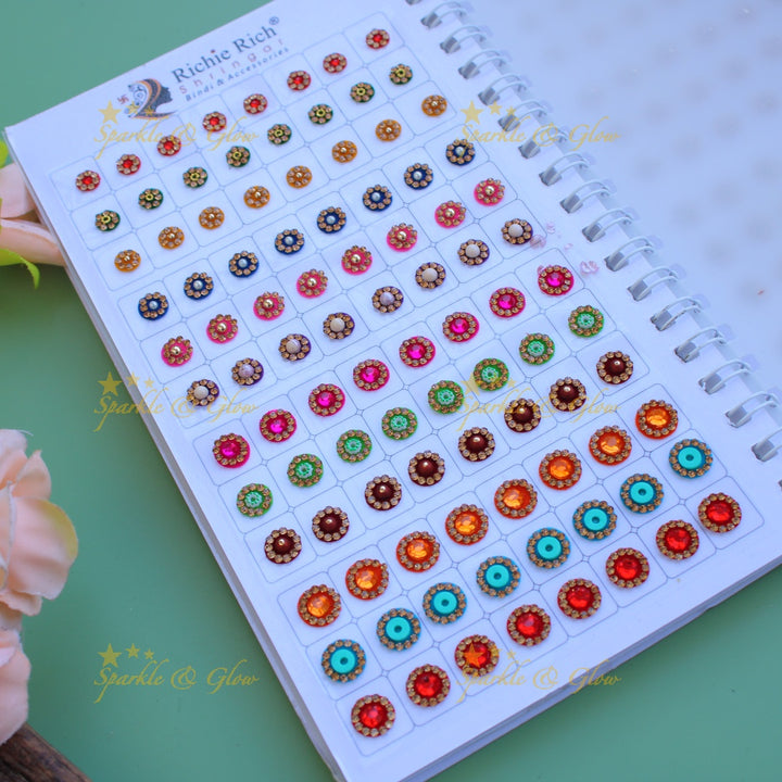 Richie Rich round stone gold bead and 3D design bindi with different size in spiral book in assorted colours