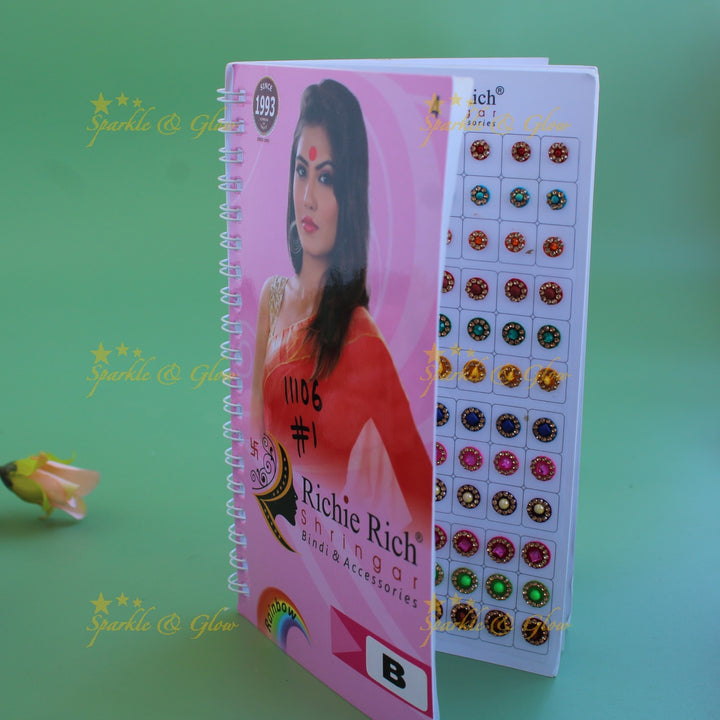 Richie Rich round stone and 3D design bindi with different size in spiral book in assorted colours