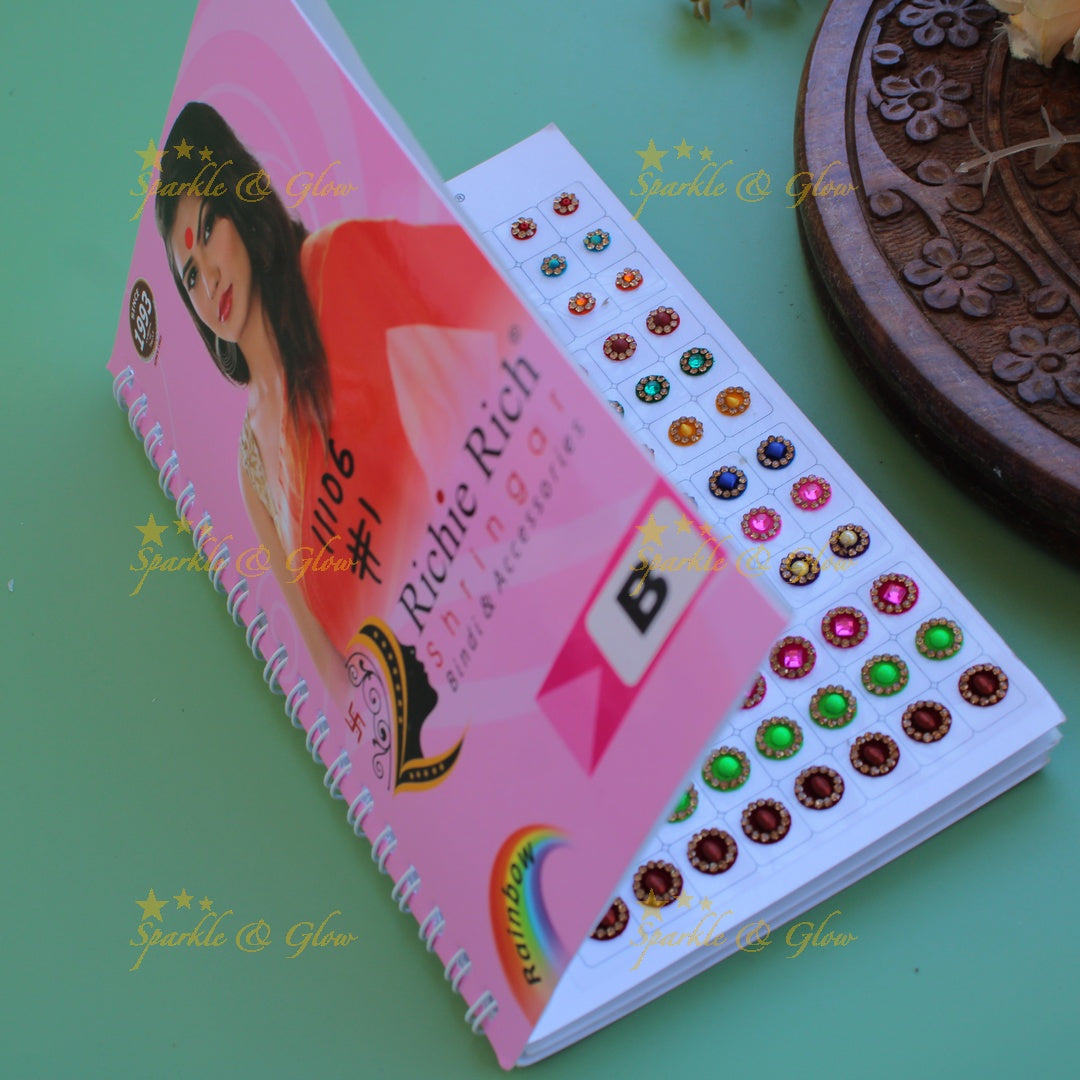 Richie Rich round stone and 3D design bindi with different size in spiral book in assorted colours