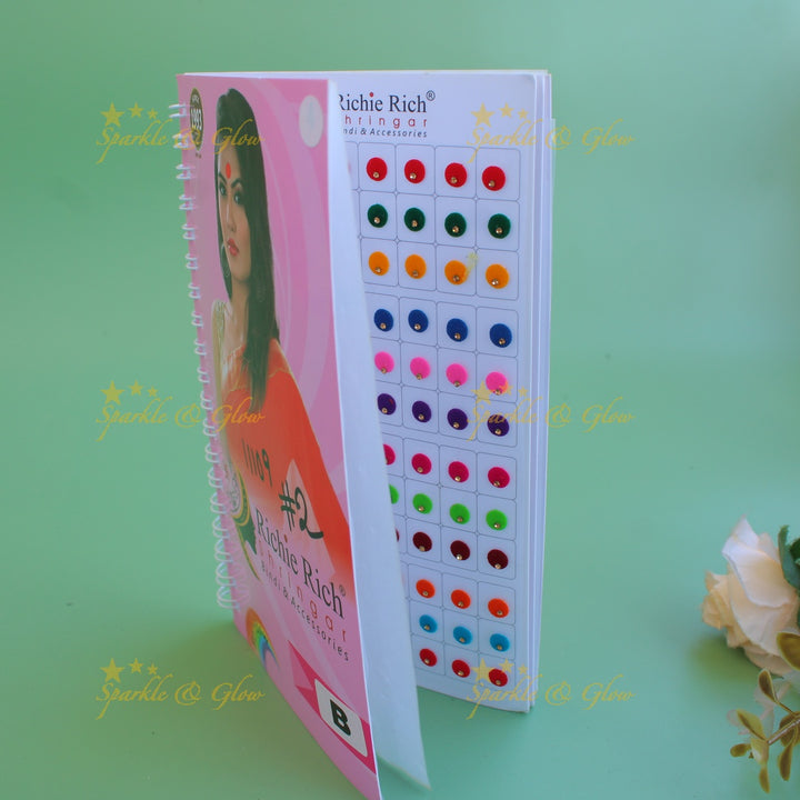 Richie Rich round single stone and 3D design bindi with different size in spiral book in assorted colours