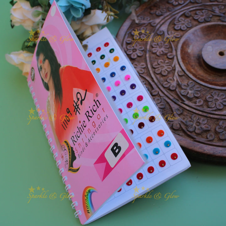 Richie Rich round single stone and 3D design bindi with different size in spiral book in assorted colours
