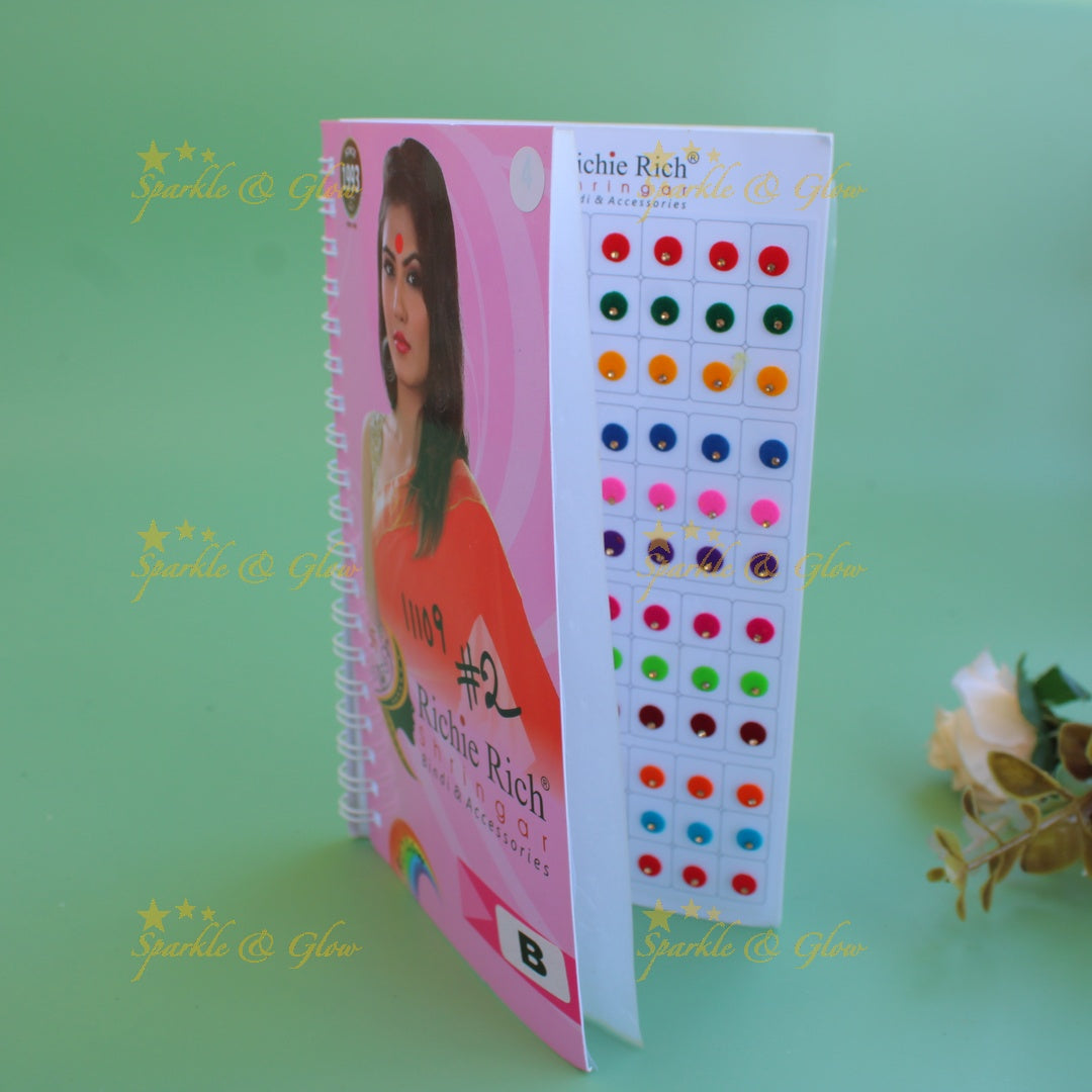 Richie Rich round single stone and 3D design bindi with different size in spiral book in assorted colours
