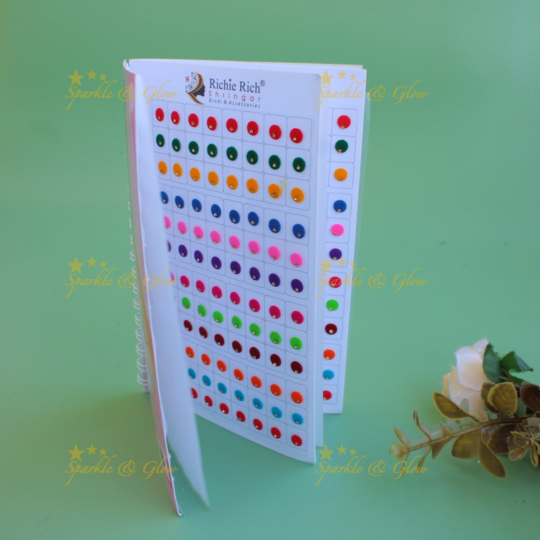 Richie Rich round single stone and 3D design bindi with different size in spiral book in assorted colours