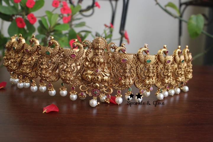Antic polished nagas, lakshmi and peacock design hipbelt with real kemp stones