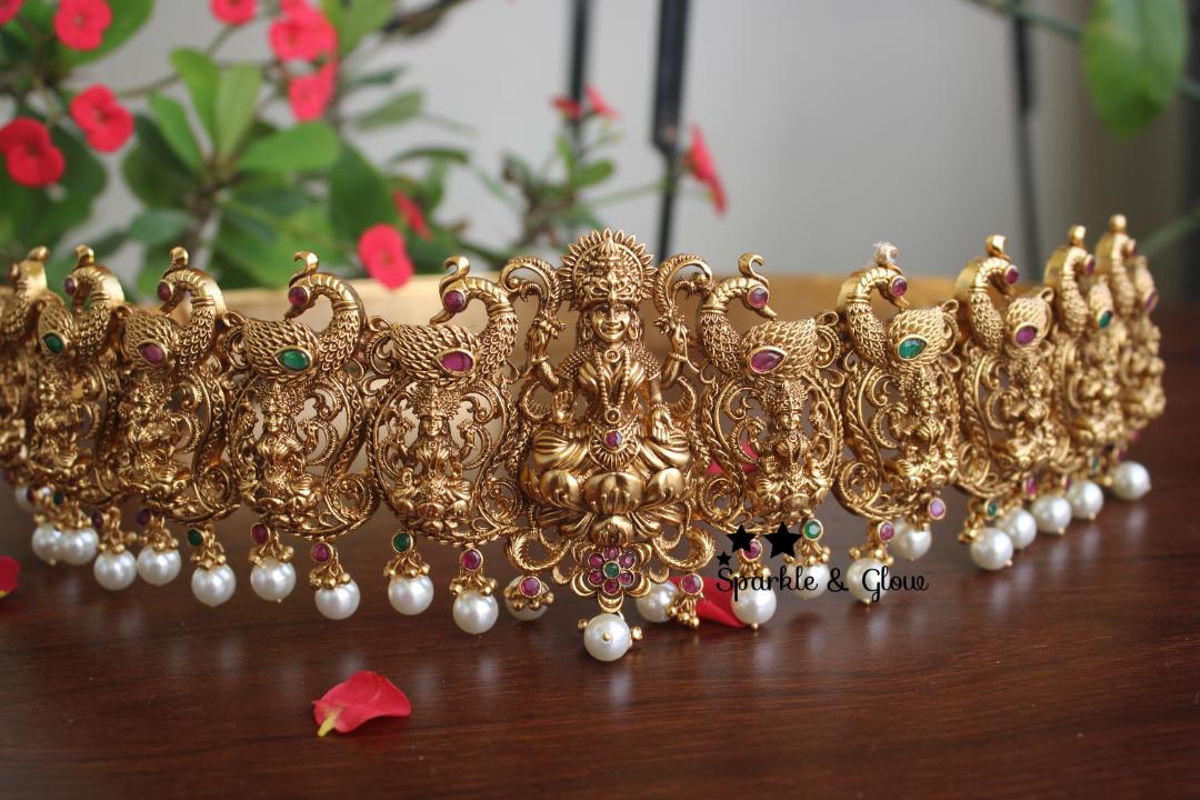 Antic polished nagas, lakshmi and peacock design hipbelt with real kemp stones