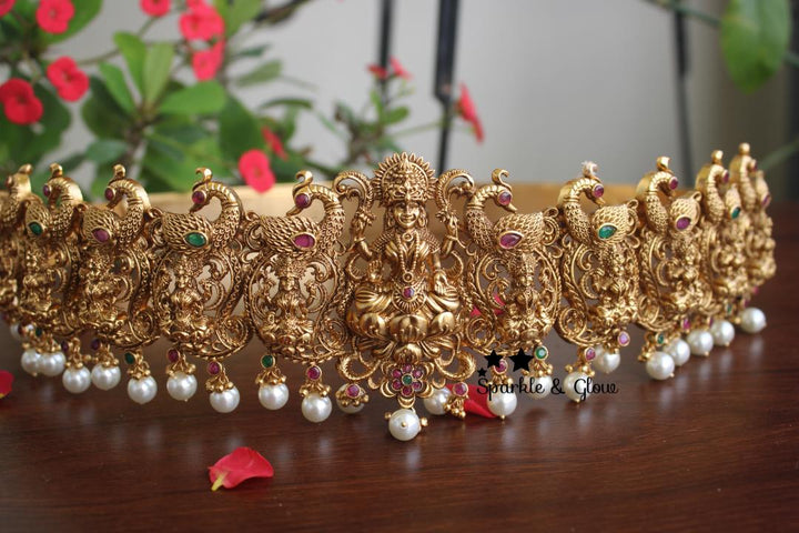 Antic polished nagas, lakshmi and peacock design hipbelt with real kemp stones