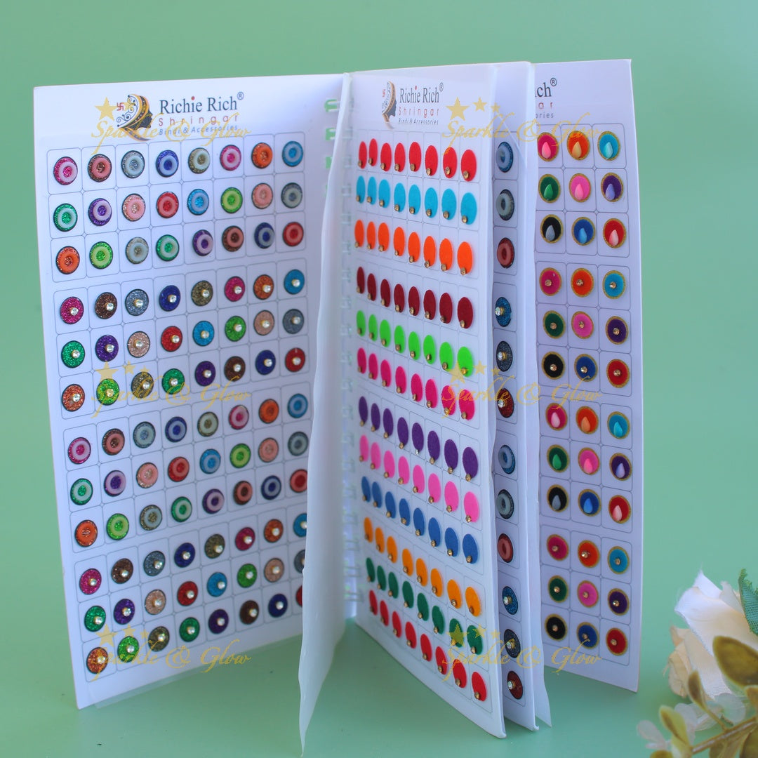 Richie Rich round single stone and 3D design bindi with different size in spiral book in assorted colours - big