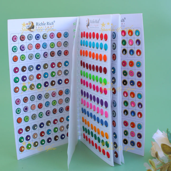 Richie Rich round single stone and 3D design bindi with different size in spiral book in assorted colours - big