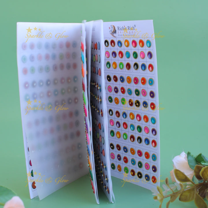 Richie Rich round single stone and 3D design bindi with different size in spiral book in assorted colours - big