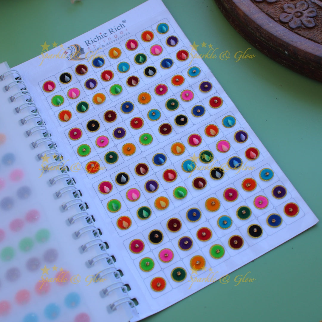Richie Rich round single stone and 3D design bindi with different size in spiral book in assorted colours - big