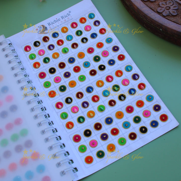 Richie Rich round single stone and 3D design bindi with different size in spiral book in assorted colours - big