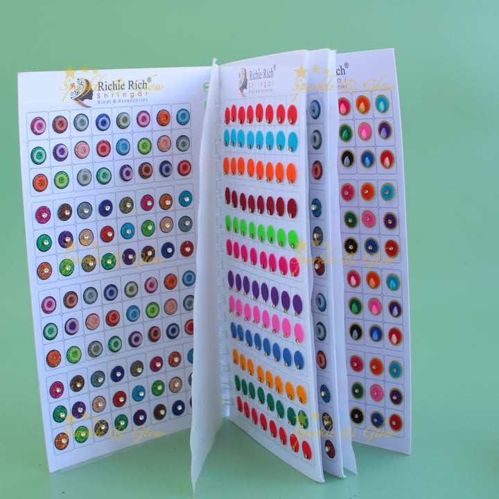 Richie Rich round single stone and 3D design bindi with different size in spiral book in assorted colours - big