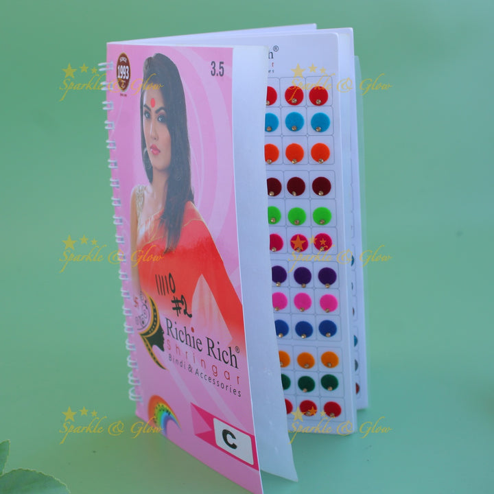 Richie Rich round single stone and 3D design bindi with different size in spiral book in assorted colours - big