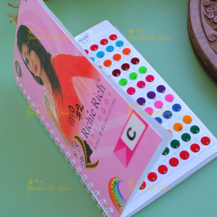 Richie Rich round single stone and 3D design bindi with different size in spiral book in assorted colours - big