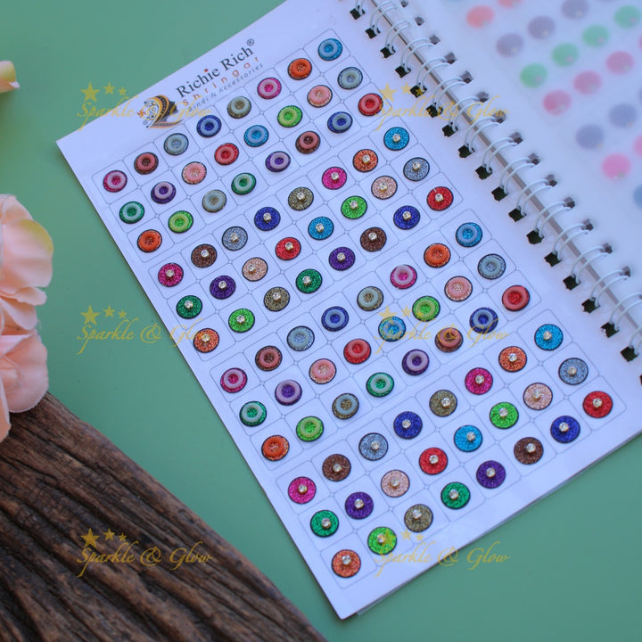 Richie Rich round single stone and 3D design bindi with different size in spiral book in assorted colours - big