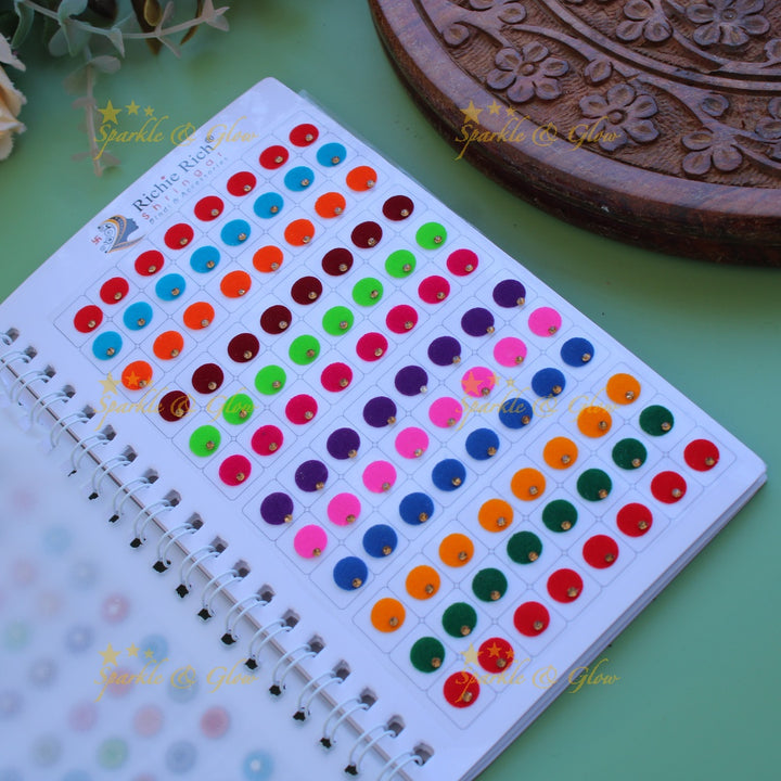 Richie Rich round single stone and 3D design bindi with different size in spiral book in assorted colours - big