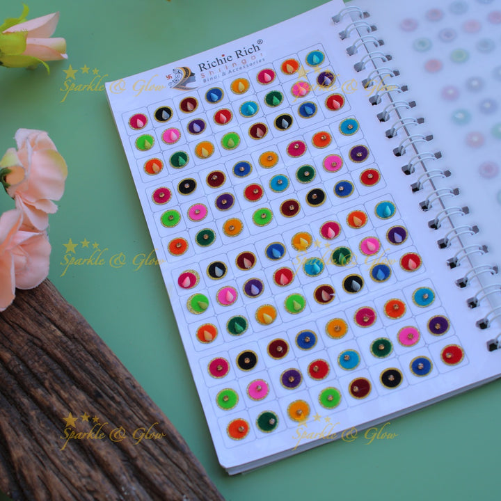 Richie Rich round single stone and 3D design bindi with different size in spiral book in assorted colours - big
