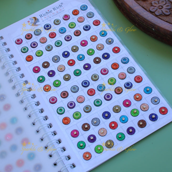 Richie Rich round single stone and 3D design bindi with different size in spiral book in assorted colours - big